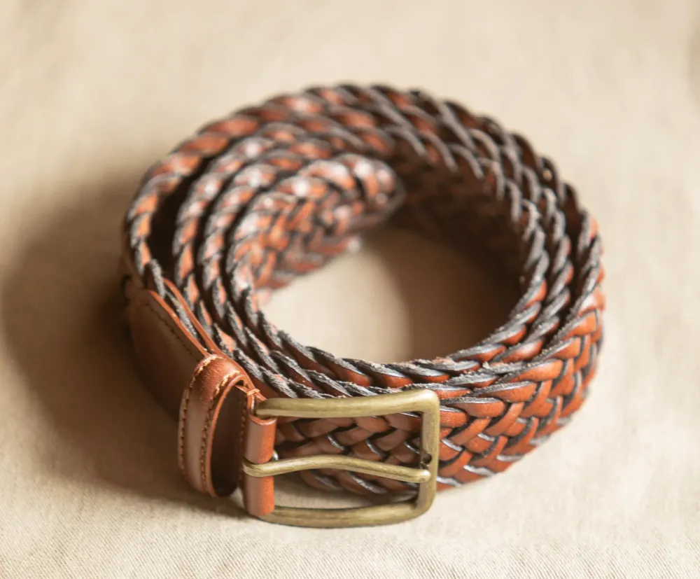 Drapeau Noir Ceinture Cuir Tressée Cognac Discount