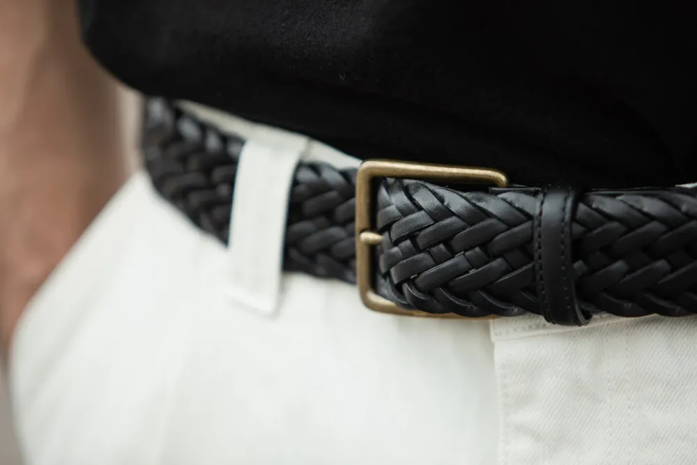 Drapeau Noir Ceinture Cuir Tressée Noir Online