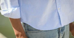 Drapeau Noir Chemise Oxford Rayée Bleu - Retro Fit Stripes Blue Clearance