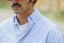 Drapeau Noir Chemise Oxford Rayures Larges Bleue - Modern Fit Big Stripes Blue Outlet