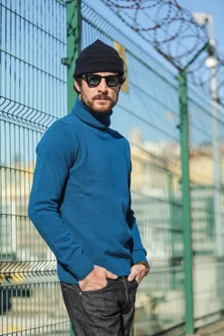 Drapeau Noir Pull Col Roulé Laine d'Agneau Bleu Bleu Électrique Fashion