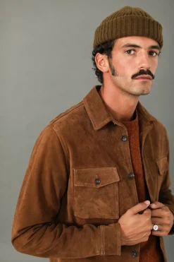 Drapeau Noir Surchemise Cuir Suédé Tabac Marron New